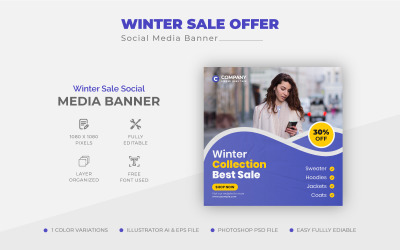 Modello di banner per post sui social media di vendita invernale blu