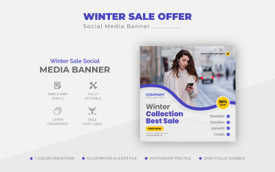 Modelo de banner de postagem de oferta de venda simples de inverno com desconto em mídia social