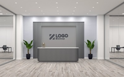 Kontorsmottagning disk med grå vägg med mötesrum logotyp mockup mall