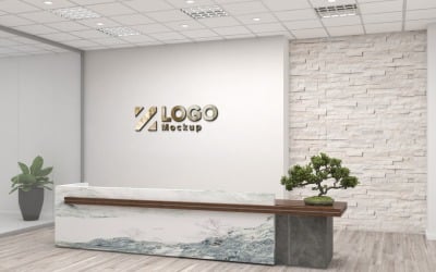 Office or Hotel Reception with Rough stone wall Logo Mockup