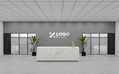 Hotel reception interior Marble texture Counter with Gray Wall meeting Room Logo Mockup