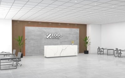 Modern kontorsmottagning interiör grå vägg med Marble Counter-logotyp Mockup