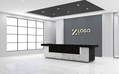 Modern Office reception interior Counter Break Black Wall with meeting Room Logo Mockup