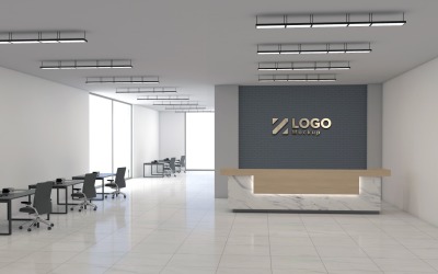 Moderna parede de balcão de recepção de escritório interior com modelo de maquete de logotipo de sala de reunião