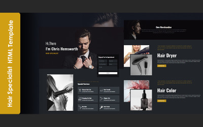 Chris Hemsworth – Šablona vstupní stránky HTML5 s responzivním portfoliem specialisty na vlasy