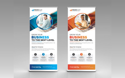 Banner roll up aziendale arancione e blu, X Banner, Standee Template Design per la pubblicità