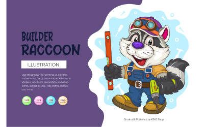 Cartoon Raccoon Builder. T-Shirt, PNG, SVG.