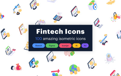 100 Fintech isometriska ikoner