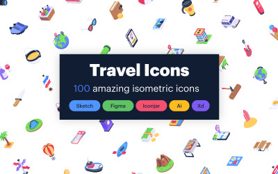 100 isometriska resor vektor ikoner