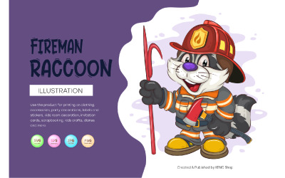 Cartoon Raccoon Fireman. T-Shirt, PNG, SVG.
