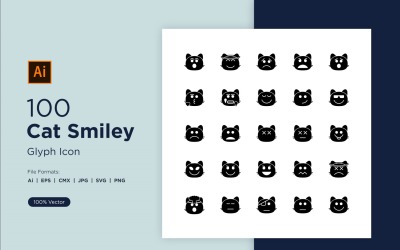 100 Cat Smiley Glyph Ikonuppsättning
