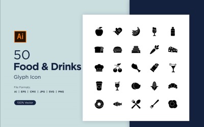 50 Conjunto de ícones de glifo de comida e bebida