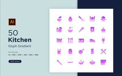 50 Conjunto de ícones de gradiente de glifo de cozinha