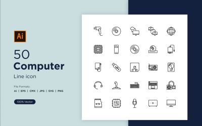 50 jeu d&amp;#39;icônes de ligne d&amp;#39;ordinateur