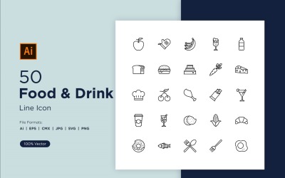 50 Sada ikon čáry pro jídlo a pití