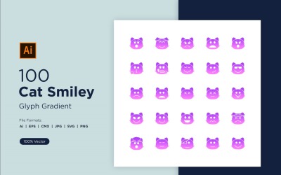 100 set di icone gradiente glifo con smiley gatto