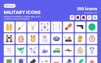 100 Flat Military Vector Icons