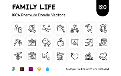 120 handgezeichnete Symbole für das Familienleben