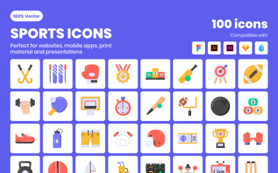 100 iconos de vectores planos deportivos