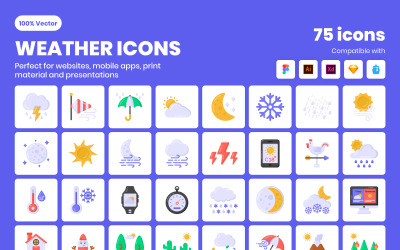 Platt detaljerade väder ikoner samling