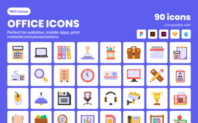 90 icone vettoriali piatte per ufficio