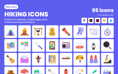 96 plochých ikon pro dobrodružství a pěší turistiku