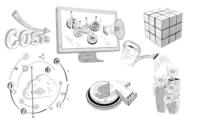 Seis mídias sociais de ilustração