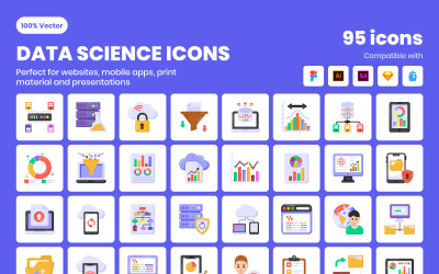 Conjunto de 95 iconos de ciencia de datos planos