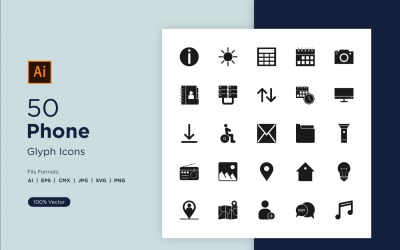 50 ícones de glifos de telefone e tablet
