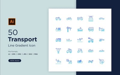 50 Transportation Line Gradient Icons Set