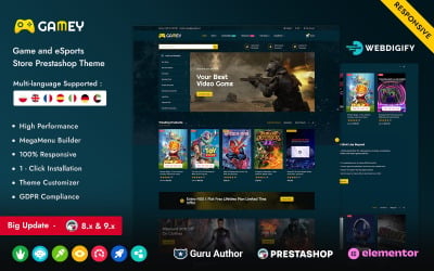 Gamey - Responsivt Prestashop Elementor-tema för onlinespel, mångsidigt och