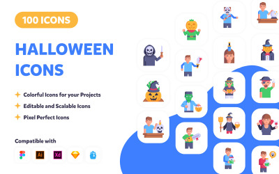 100 ícones de Halloween - Vetores planos
