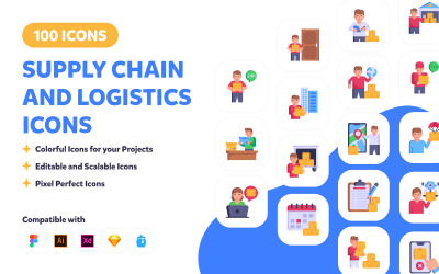 100 plochých ikon dodavatelského řetězce a logistiky