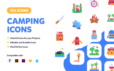 100 camping ikoner - platt vektor design
