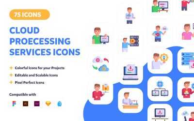 75 iconos de servicios en la nube - vectores planos