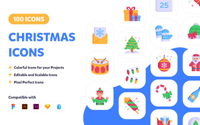 Pack de 100 icônes vectorielles de Noël plat