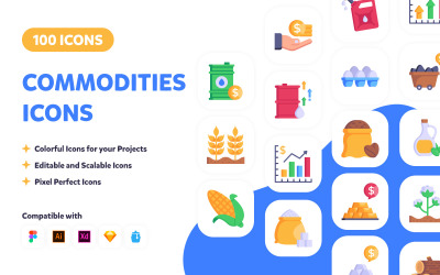 100 Commodities Icons - Flat Vectors