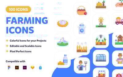 100 icone dell&amp;#39;agricoltura - vettori piatti