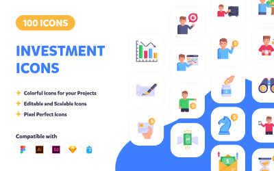 100 Yatırım Simgeleri - Düz Vektörler Seti