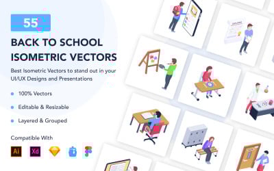 55 iconos isométricos de regreso a la escuela