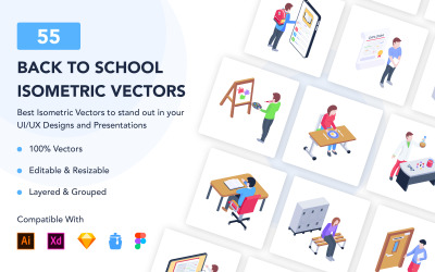 55 isometrische Symbole für den Schulanfang