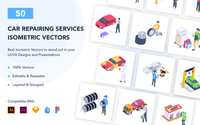 50 iconos isométricos de reparación de automóviles