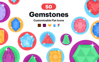 Ícones de pedras preciosas planas - 50 ícones vetoriais