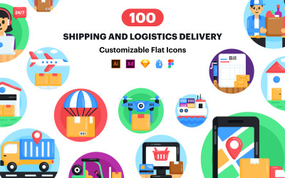 Logistics Icons - 100 flat Vector Icons