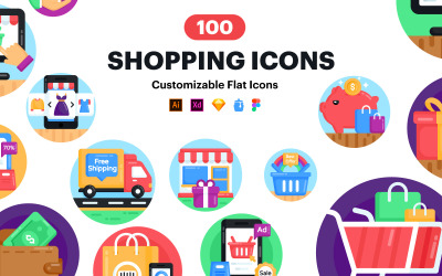 100 vásárlási és e-kereskedelmi ikon