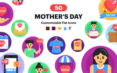 50 Flat Round Happy Mother&#039;s Day Icons