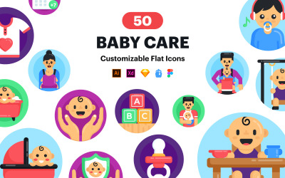 Иконки по уходу за ребенком - 50 круглых векторных иконок