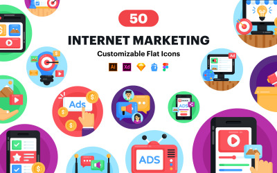 50 ícone plano de marketing na Internet