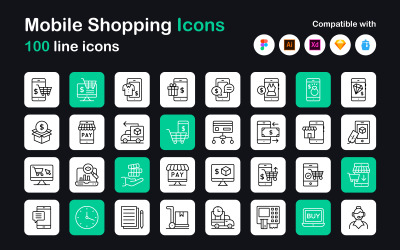 Mobilní nakupování lineární ikony Pack