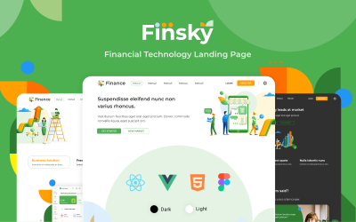 Finsky - Plantilla de página de destino de la aplicación financiera HTML React Vue y Figma